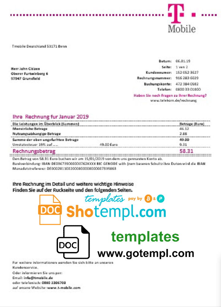 Germany T Mobile utility bill template in Word and PDF format